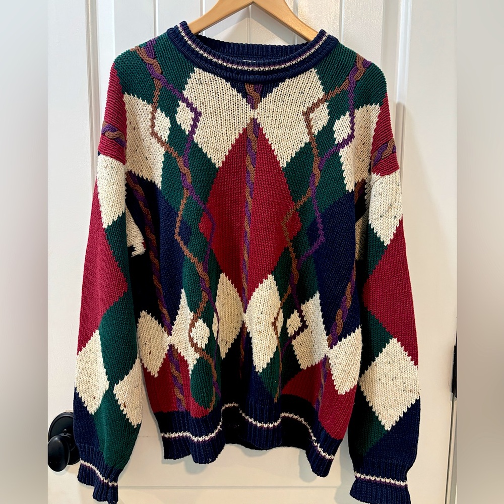 Van Heusen Vintage Geometric Color Block Sweater Men’s Large Fisherman Aesthetic